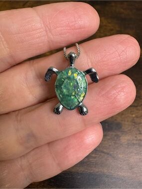 Silver Tone Turtle Necklace with Green Opal Style Inlay - 18K GP
